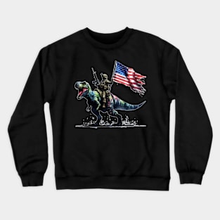 American 4th Of July Soldier Riding on Tyrannosaurus Crewneck Sweatshirt